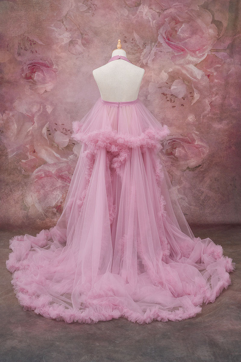 Pink One Shoulder Mesh Maternity Dress Back View