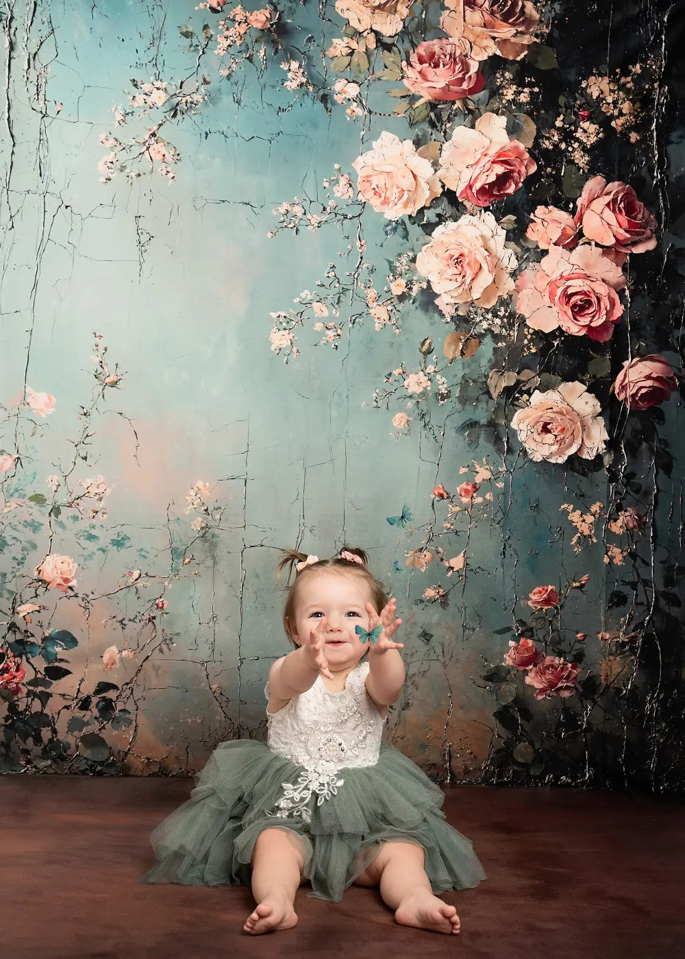 Kate Fine Art Vintage Floral Blue Printed Backdrop Designed by Emetselch