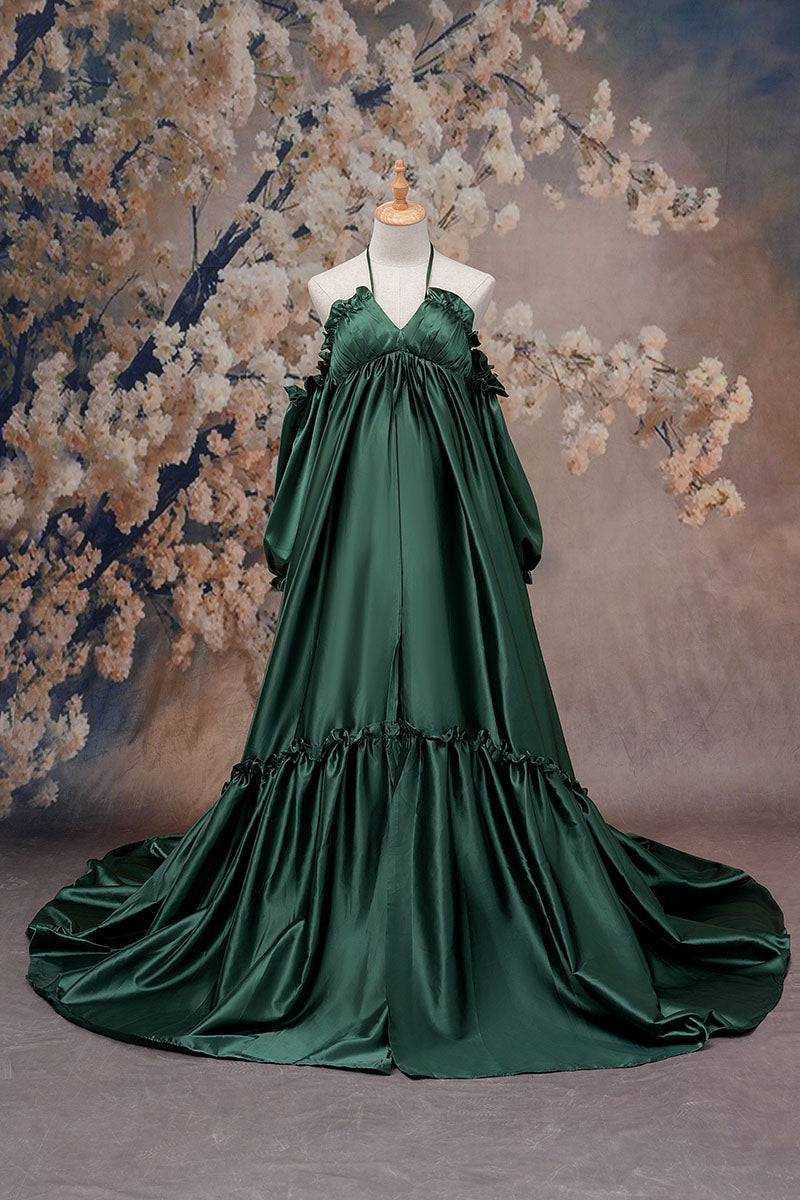 Kate Green Silk Custom Maternity Photoshoot Gowns, XXL / 38#-Grass Green Kate Green Silk Custom Maternity Photoshoot Gowns, XXL / 38#-Grass Green