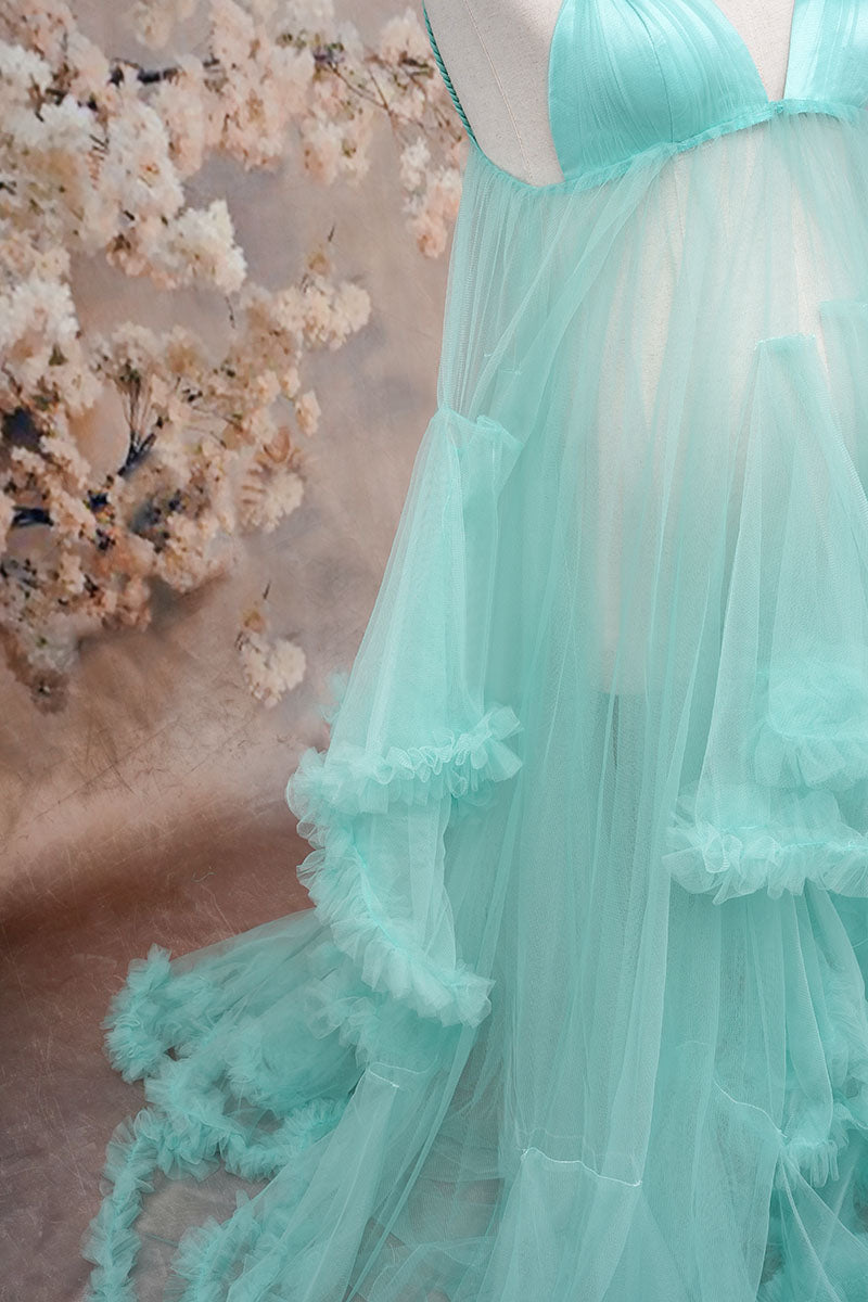 Mint green one-shoulder mesh maternity dress side detail shot