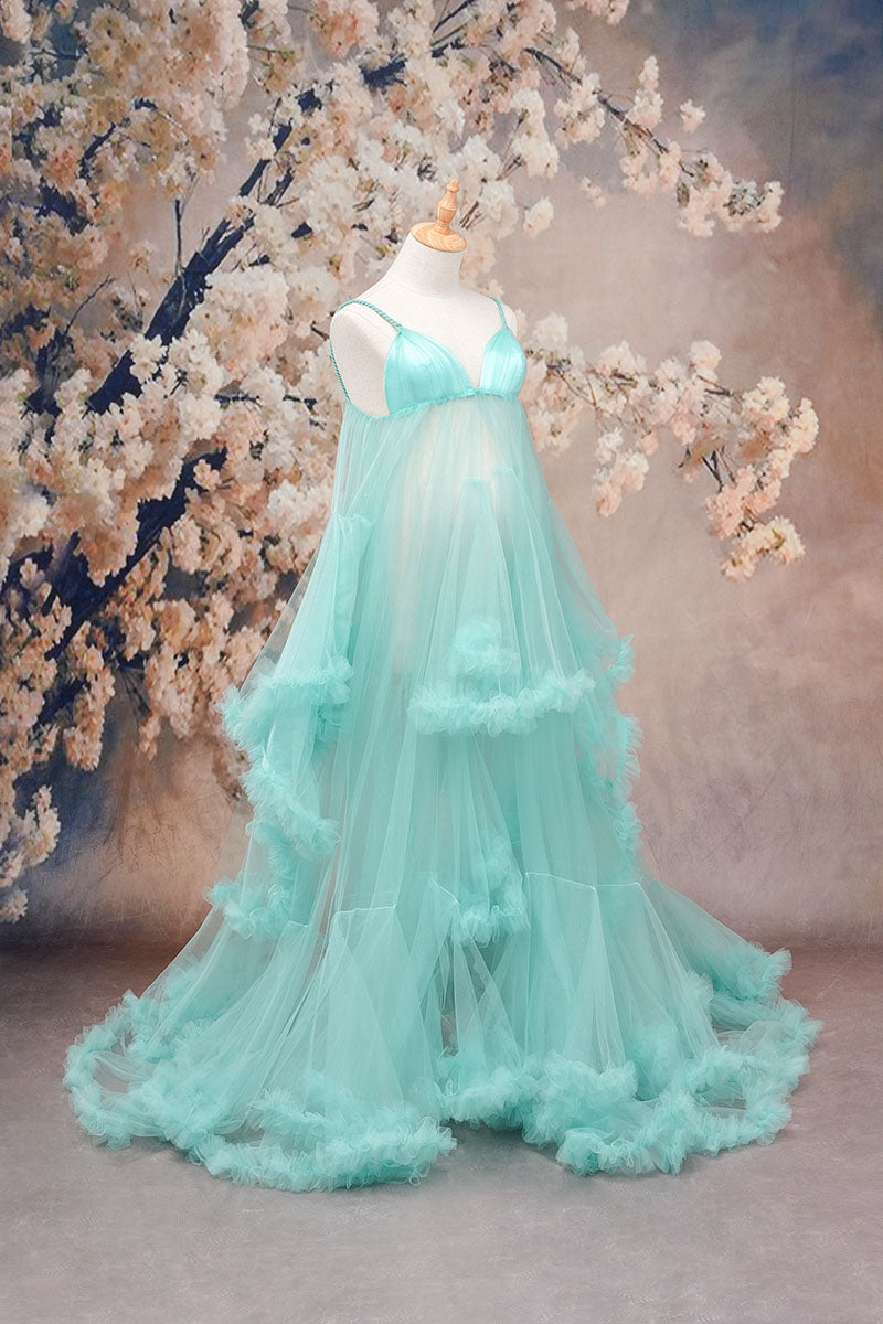 Mint green one-shoulder mesh maternity dress side shot