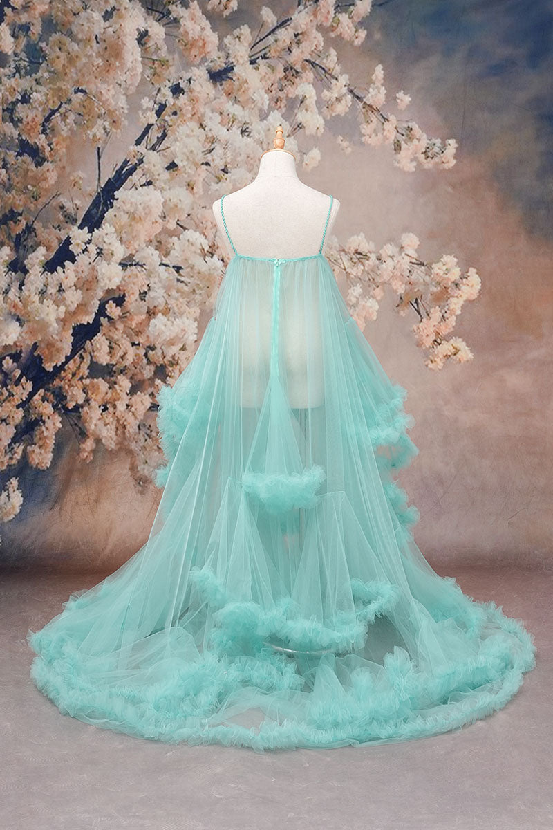 Mint green one-shoulder mesh maternity dress back shot