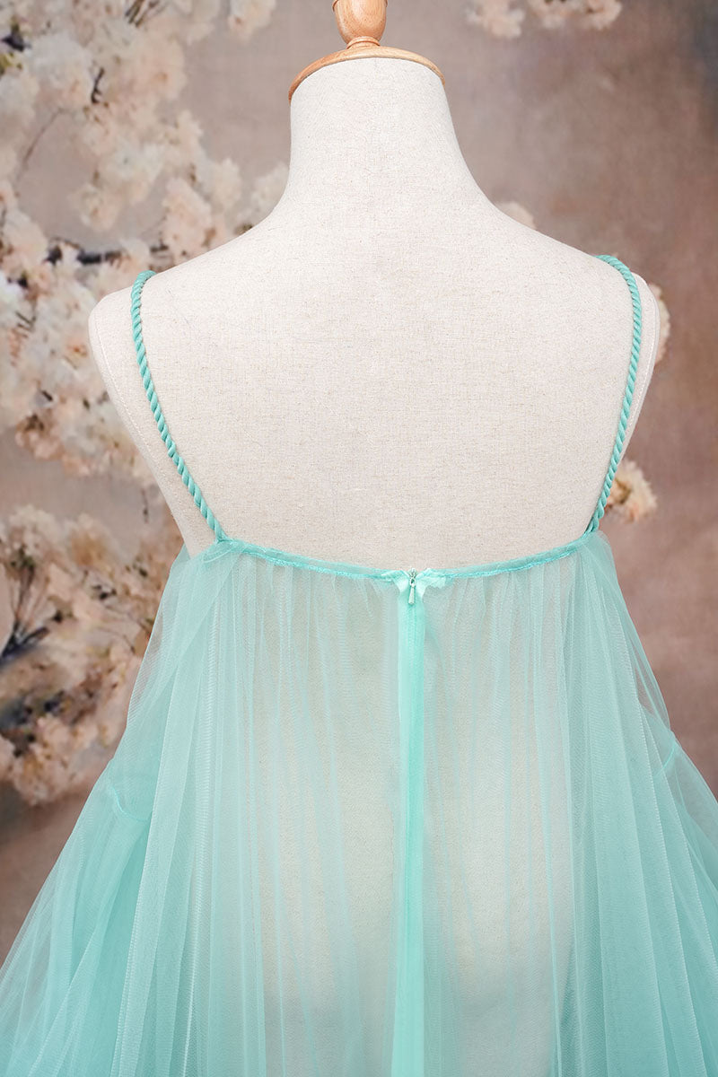 Mint green one-shoulder mesh maternity dress back detail photo
