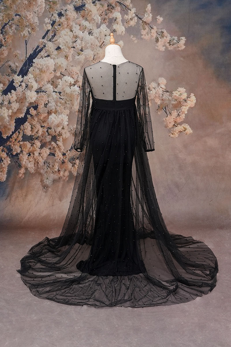 Black One Shoulder Mesh Maternity Dress Back Photo