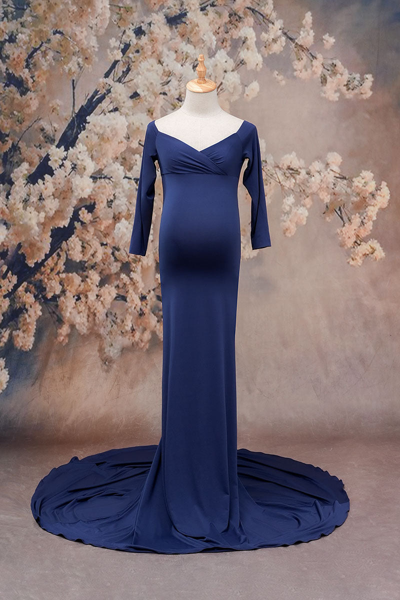 blue maternity dress long sleeve Kate Satin Custom Maternity Photoshoot Gowns, L / 15#-Navy blue