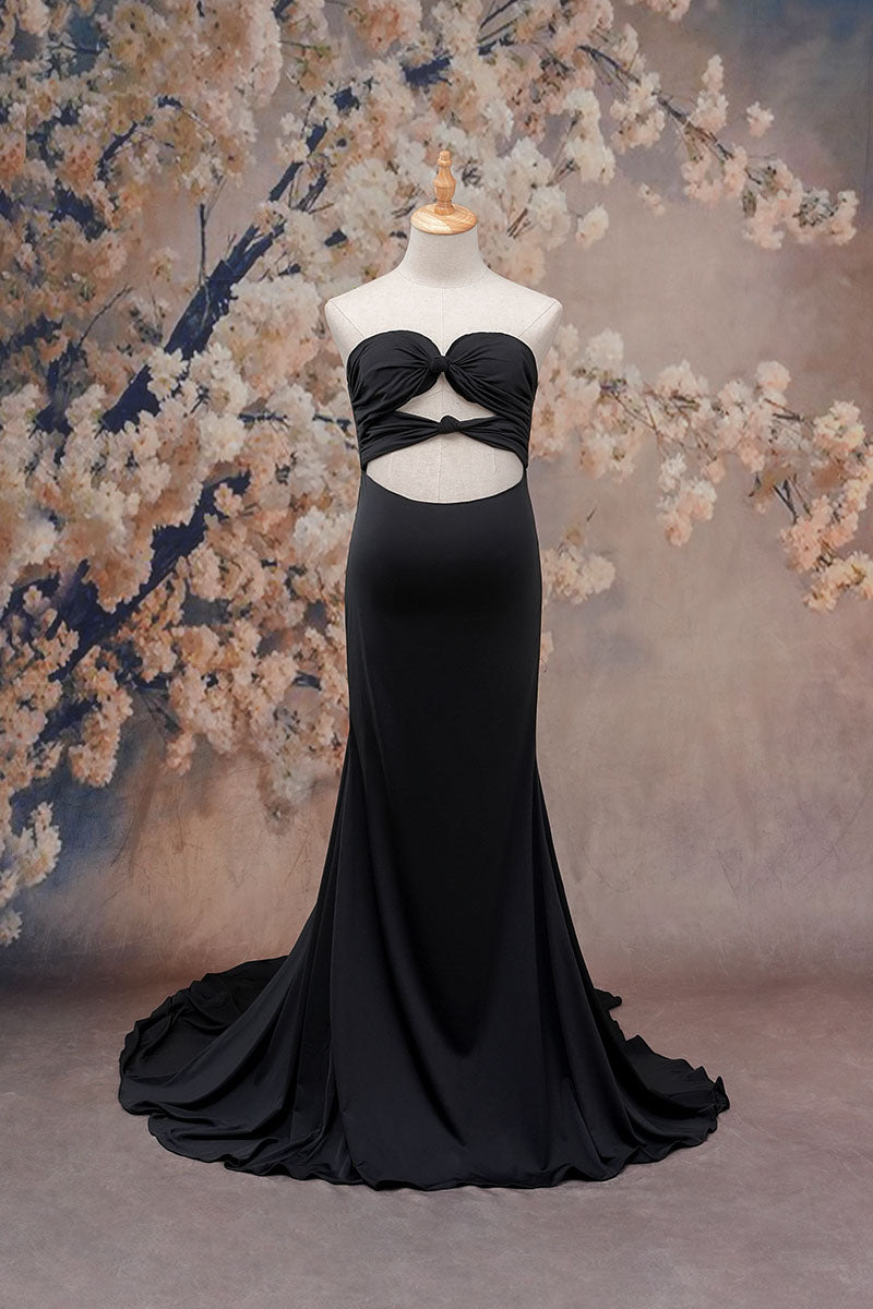 Black one-shoulder satin maternity dress front view