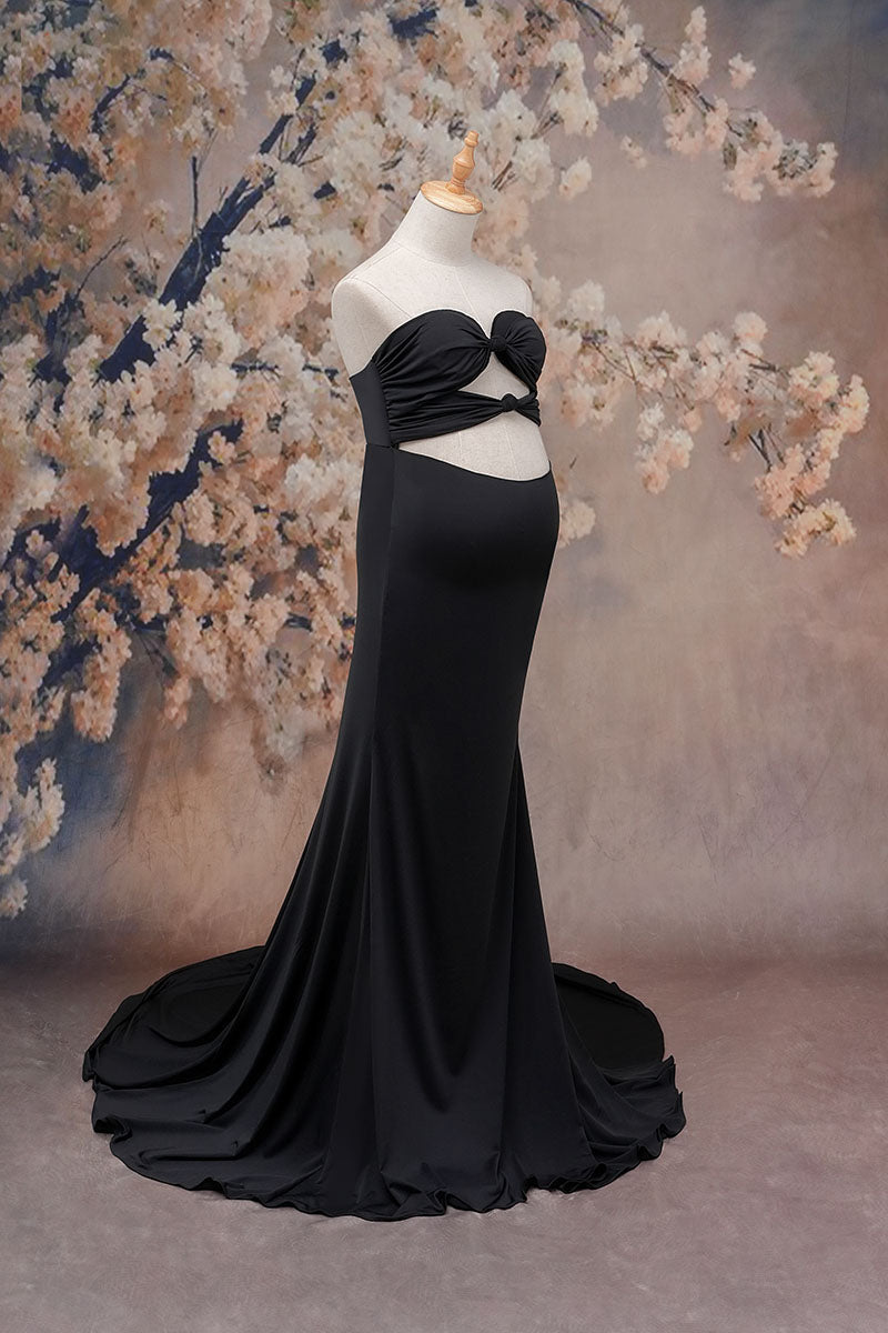 Side view of black one-shoulder satin maternity dress