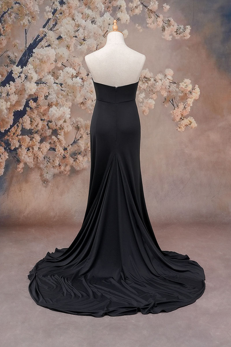 Back view of black one-shoulder satin maternity dress