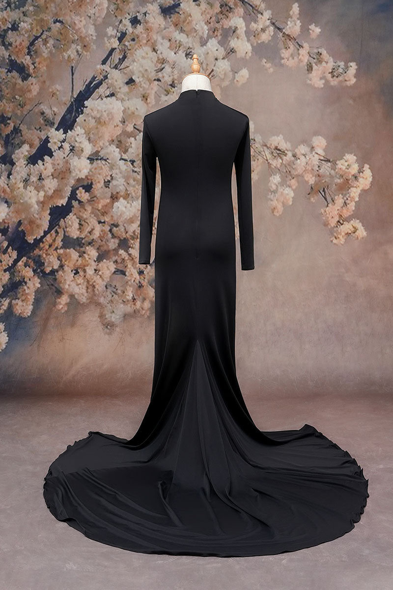 Black long sleeve satin maternity dress back shot