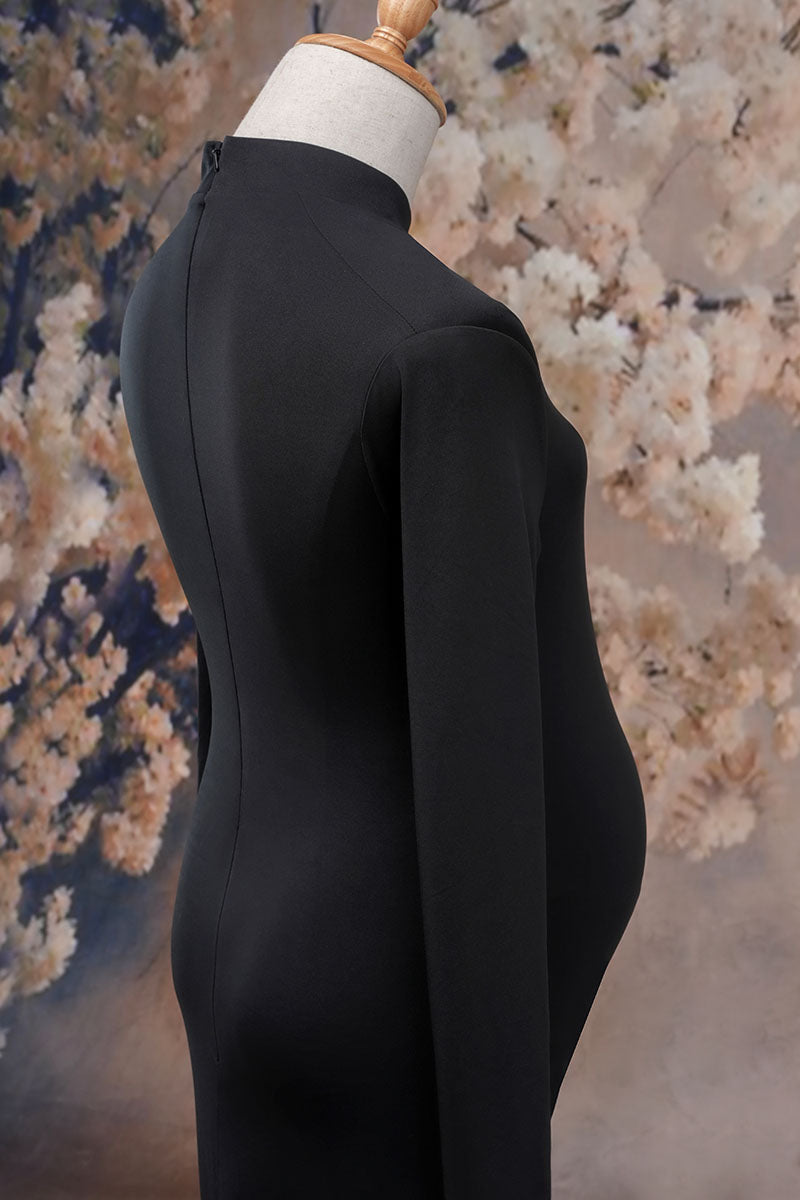 Black long-sleeved satin maternity dress side detail shot