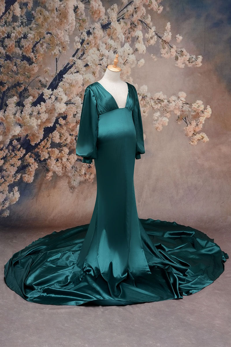 Green long-sleeved satin maternity jumpsuit side shot