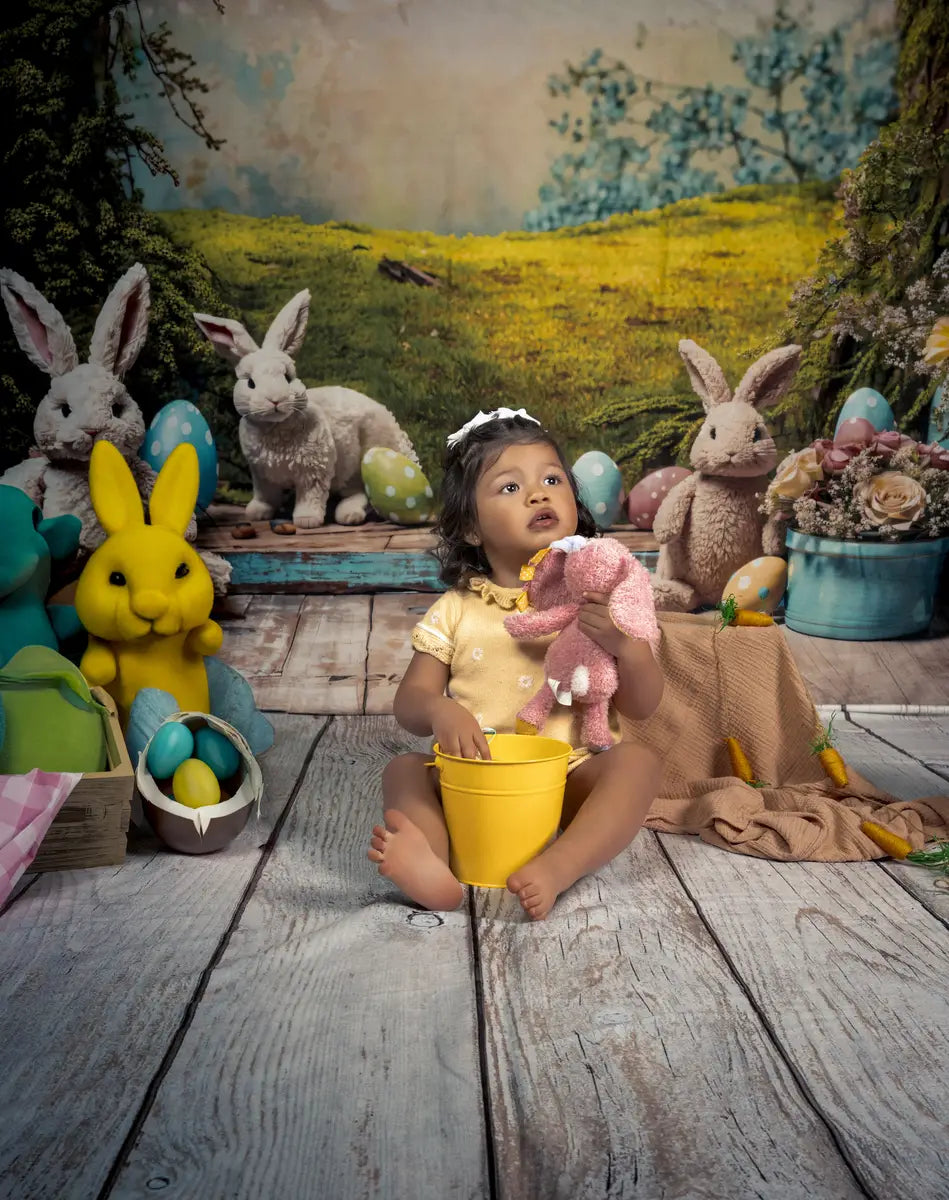 Kate Easter Bunny Window View Backdrop+White Wood Floor Backdrop