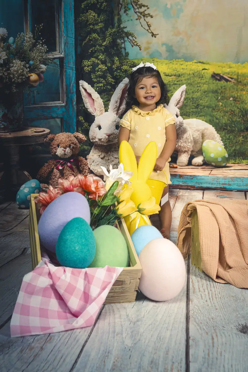 Kate Easter Bunny Window View Backdrop+White Wood Floor Backdrop