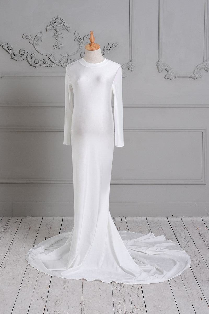 Kate White Long Sleeve Silk Custom Maternity Photoshoot Gowns, XL / 4#-White Kate White Long Sleeve Silk Custom Maternity Photoshoot Gowns, XL / 4#-White