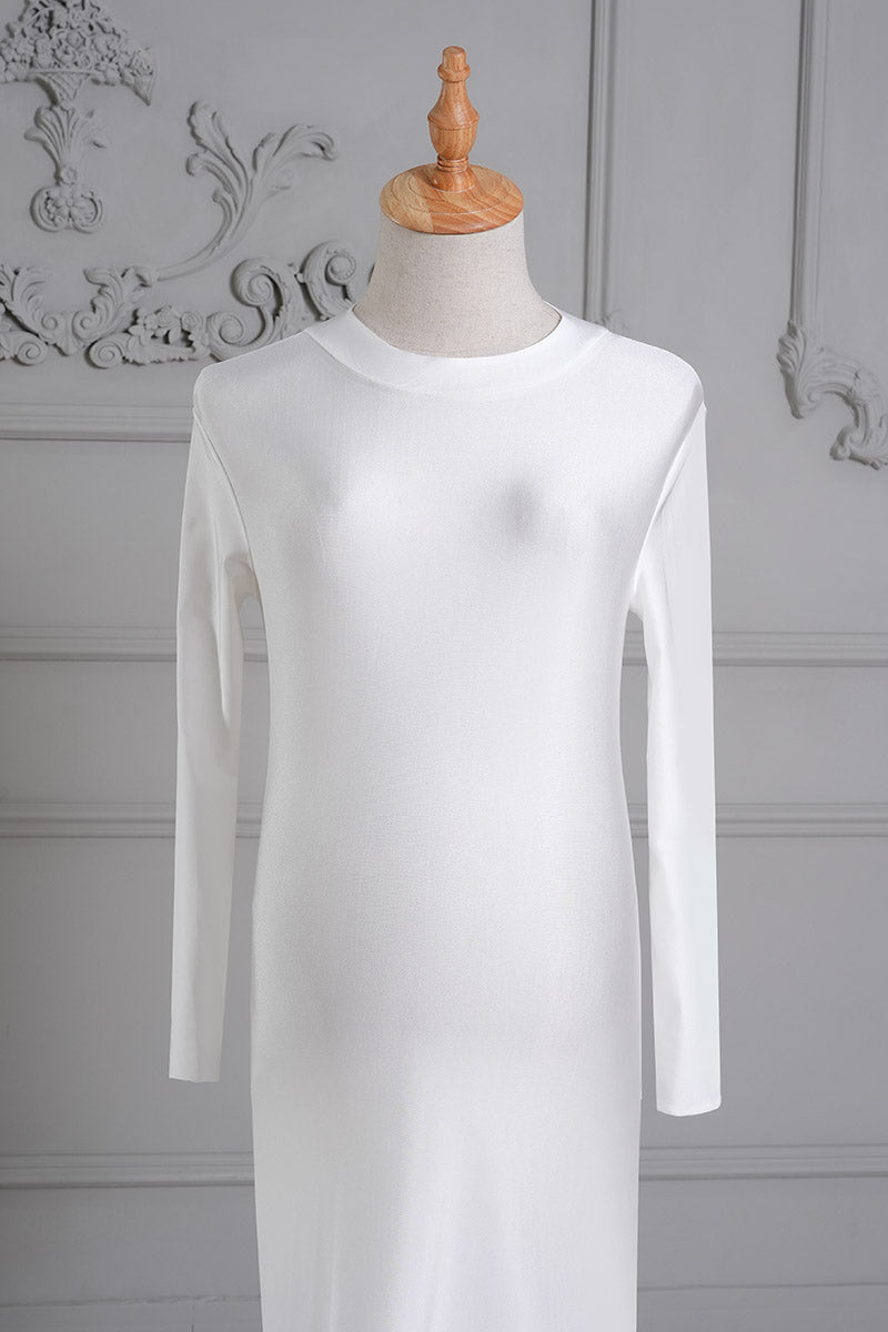 Front detail shot of white long sleeve silk maternity dress