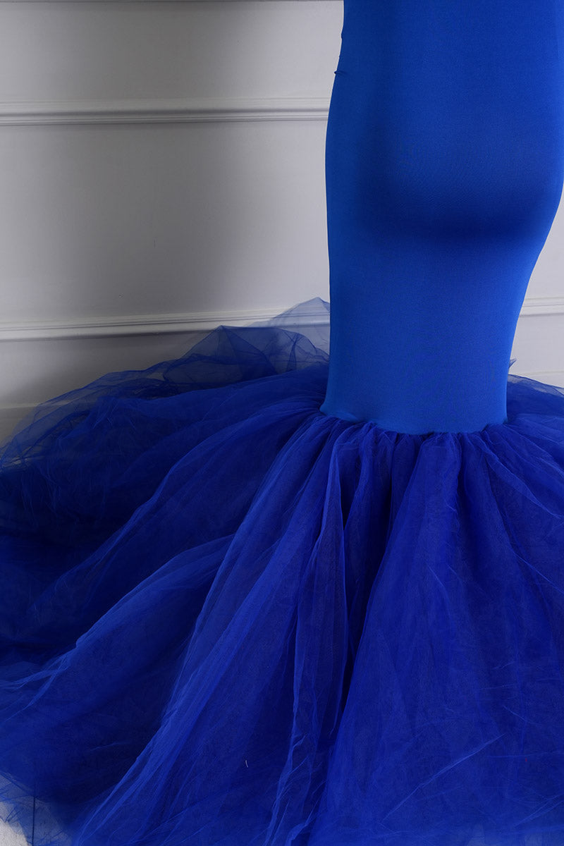 Detail shot of blue one-shoulder satin maternity dress