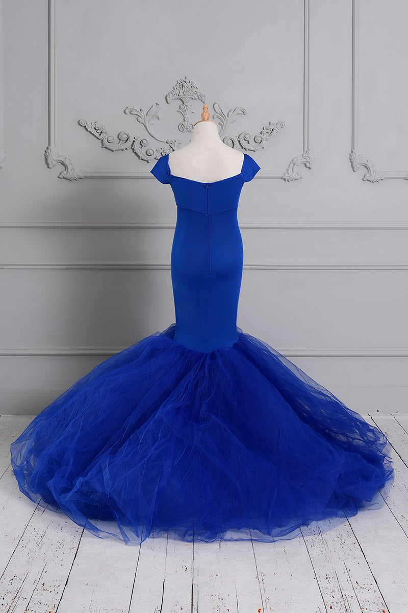 Back view of blue one-shoulder satin maternity dress