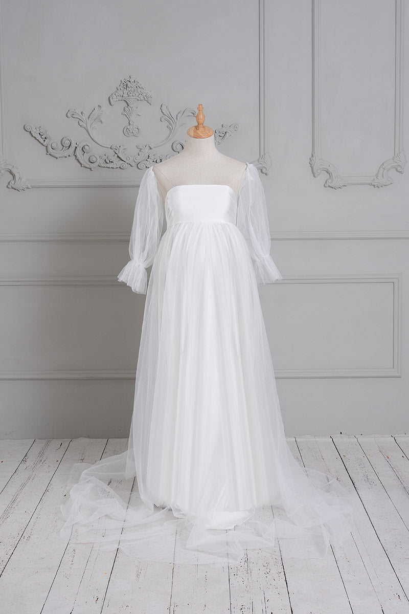 White Tube Mesh Maternity Long Dress Front View