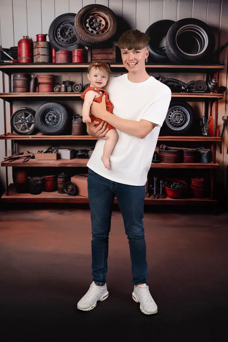 Kate Father's Day Mechanic Garage Shelves Tools Tires Backdrop Designed by Mandy Ringe Photography