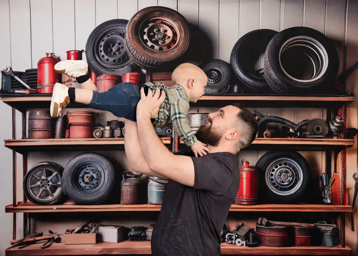 Kate Father's Day Mechanic Garage Shelves Tools Tires Backdrop Designed by Mandy Ringe Photography