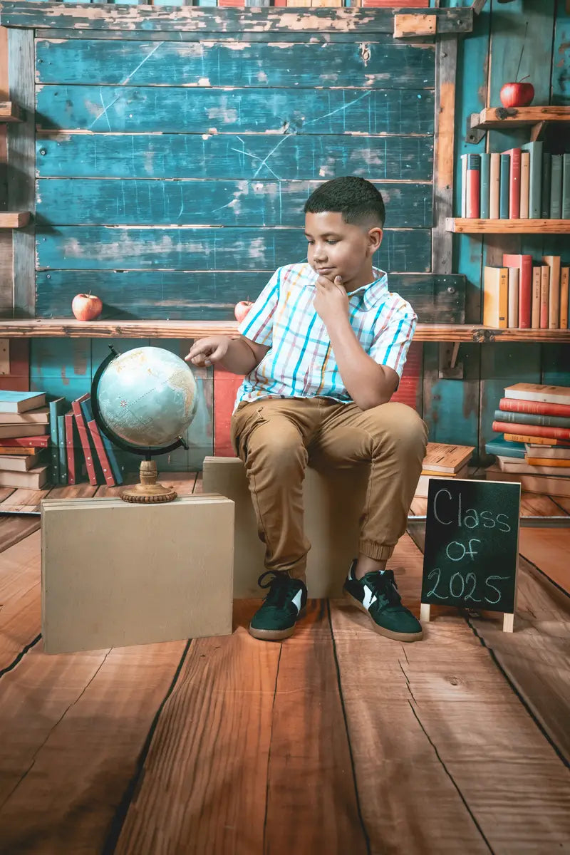 Kate Back to School Bookshelf Dark Brown Wooden Blackboard Backdrop + Brown Wooden Floor Backdrop