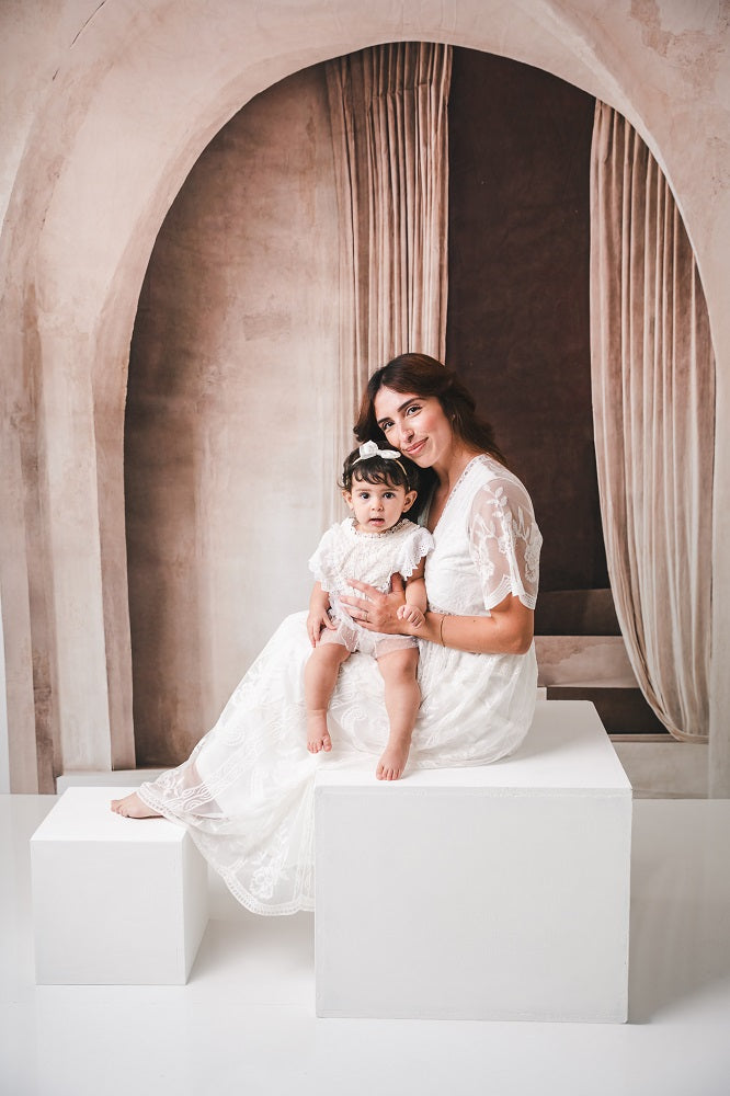 Kate Neutral Minimalist Arch Cascading Stairs Printed Backdrop Designed by Emetselch