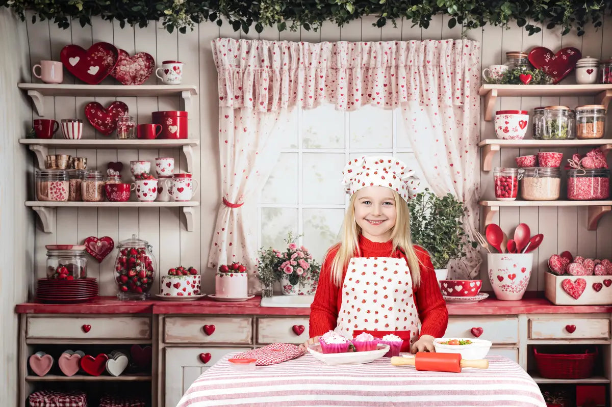 Kate Valentine's Day Red Heart Plates Kitchen Cupboard Photography Backdrop Designed by Emetselch