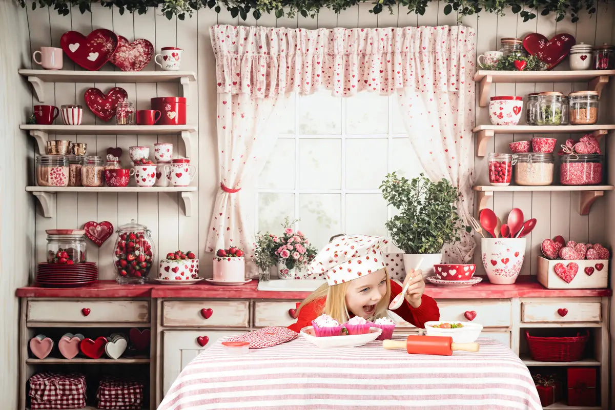 Kate Valentine's Day Red Heart Plates Kitchen Cupboard Photography Backdrop Designed by Emetselch