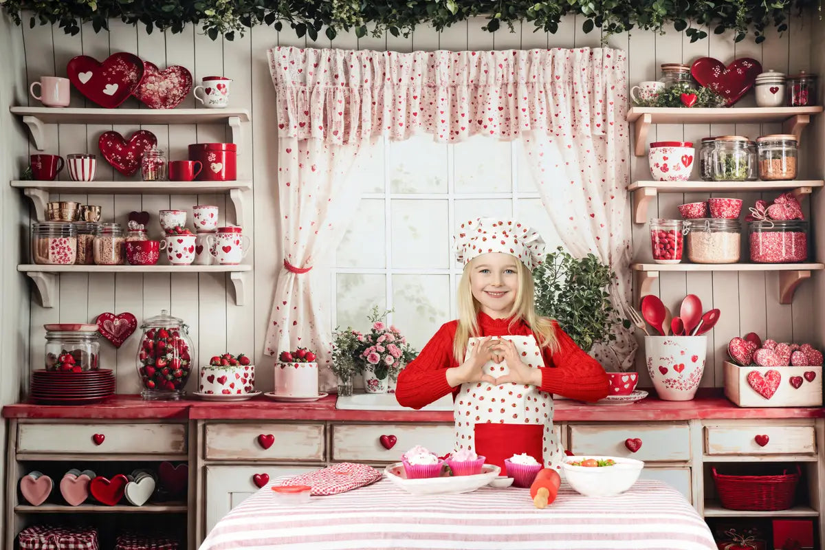 Kate Valentine's Day Red Heart Plates Kitchen Cupboard Photography Backdrop Designed by Emetselch