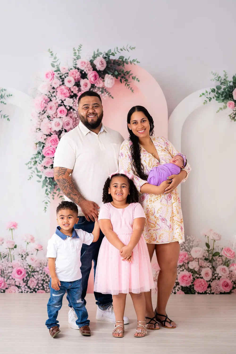 Kate Spring Pink Flower Arch With Floral Arrangements Printed Backdrop Designed by Patty Roberts