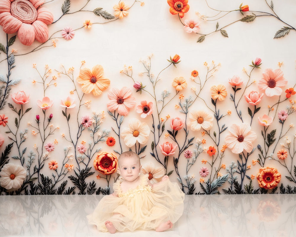 Kate Spring Pastel Embroidered Flower White Backdrop Designed by Mini MakeBelieve