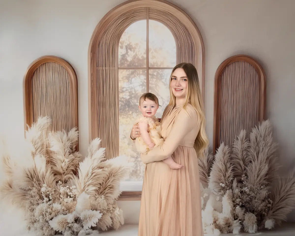 Kate Boho Arched Window Pampas Backdrop Designed by Mini MakeBelieve