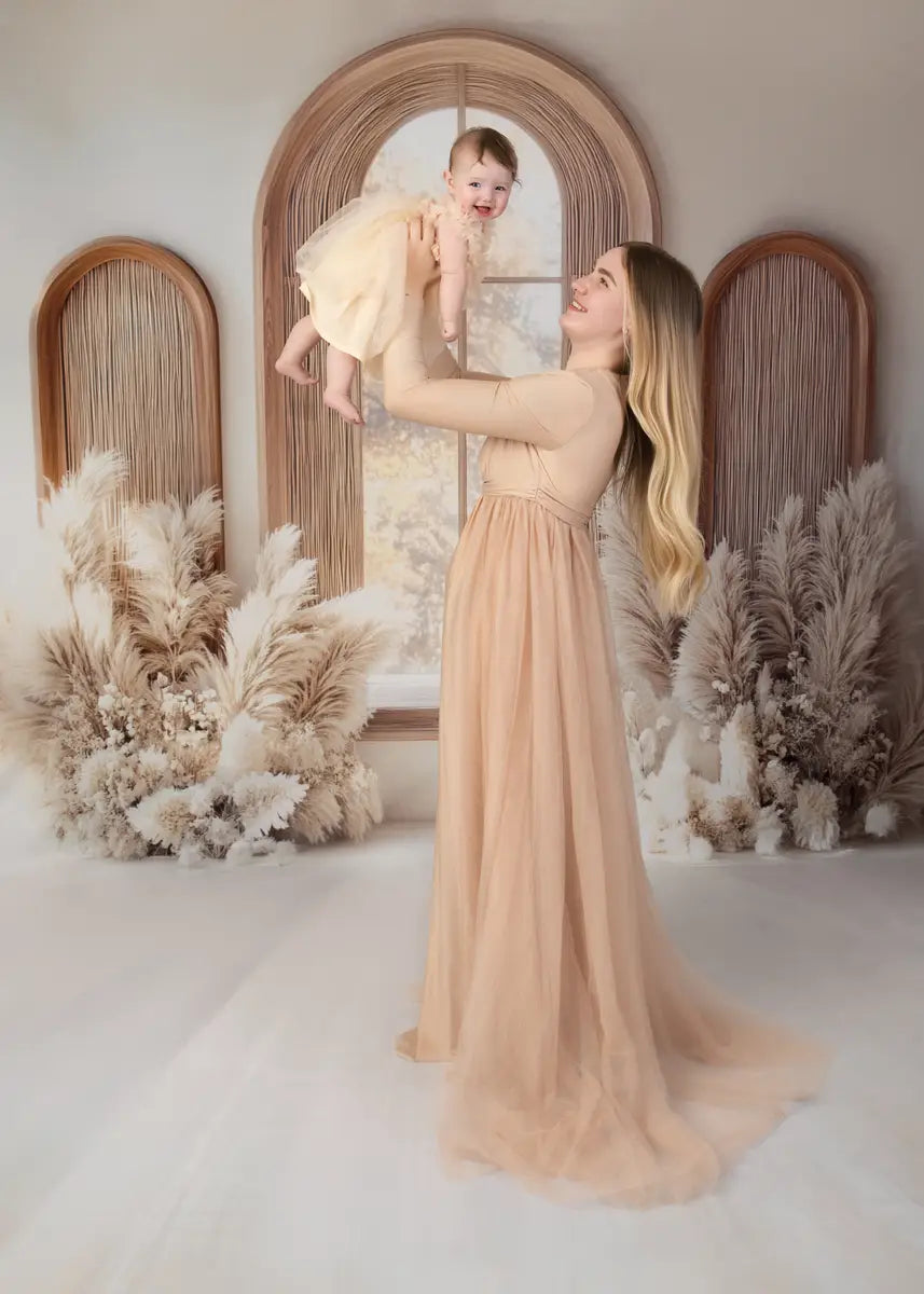 Kate Boho Arched Window Pampas Backdrop Designed by Mini MakeBelieve