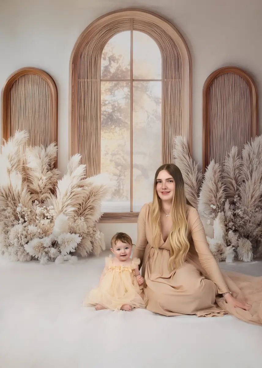 Kate Boho Arched Window Pampas Backdrop Designed by Mini MakeBelieve