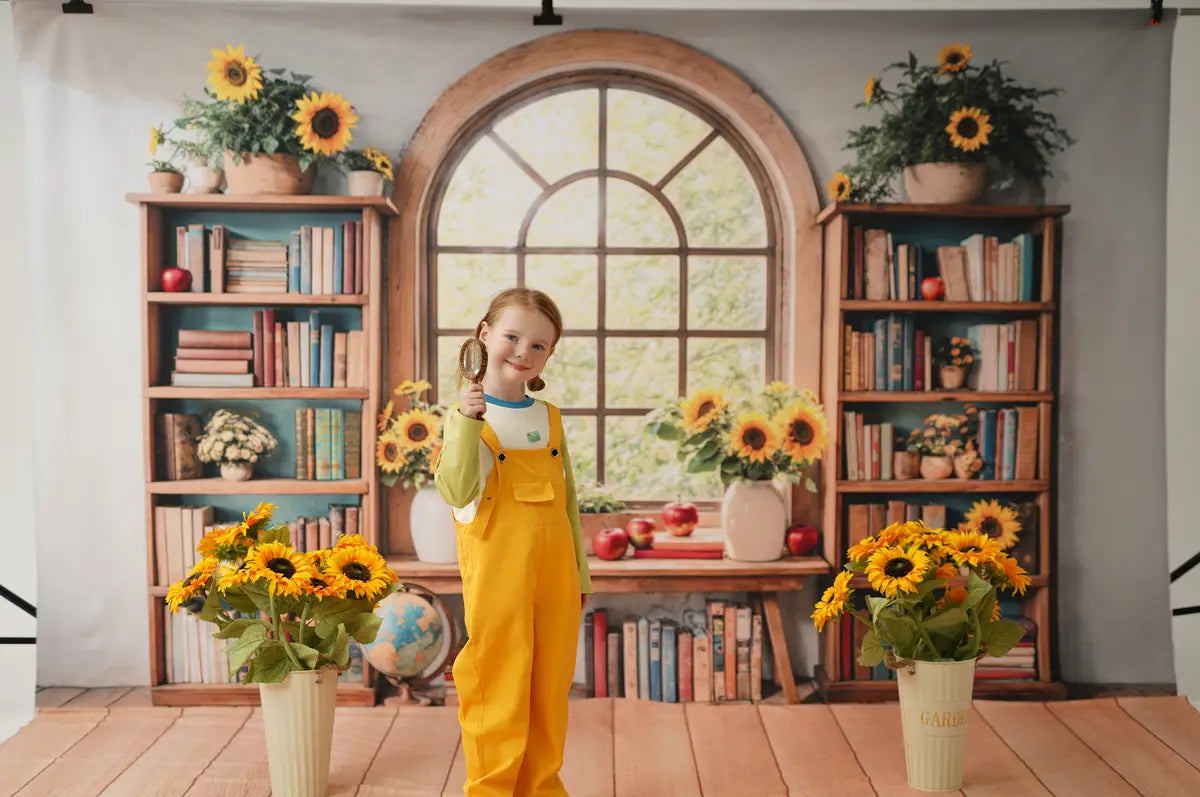 Kate Graduation Sunflower Bookshelf Window Backdrop+Light Brown Wooden Pattern Floor Backdrop