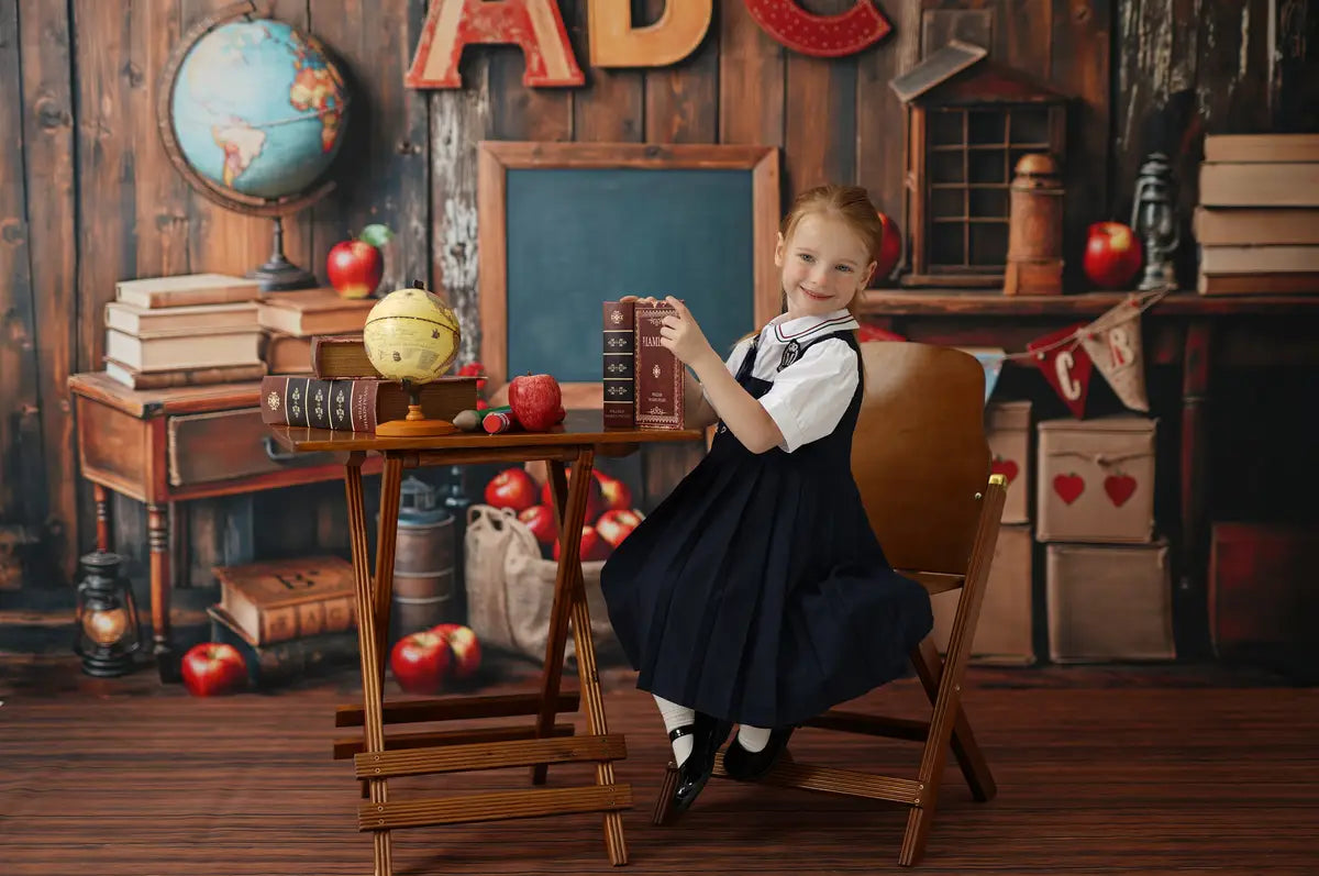 Kate Back to School Globe Vintage Wooden Backdrop+Rustic Wood Panel Floor Backdrop