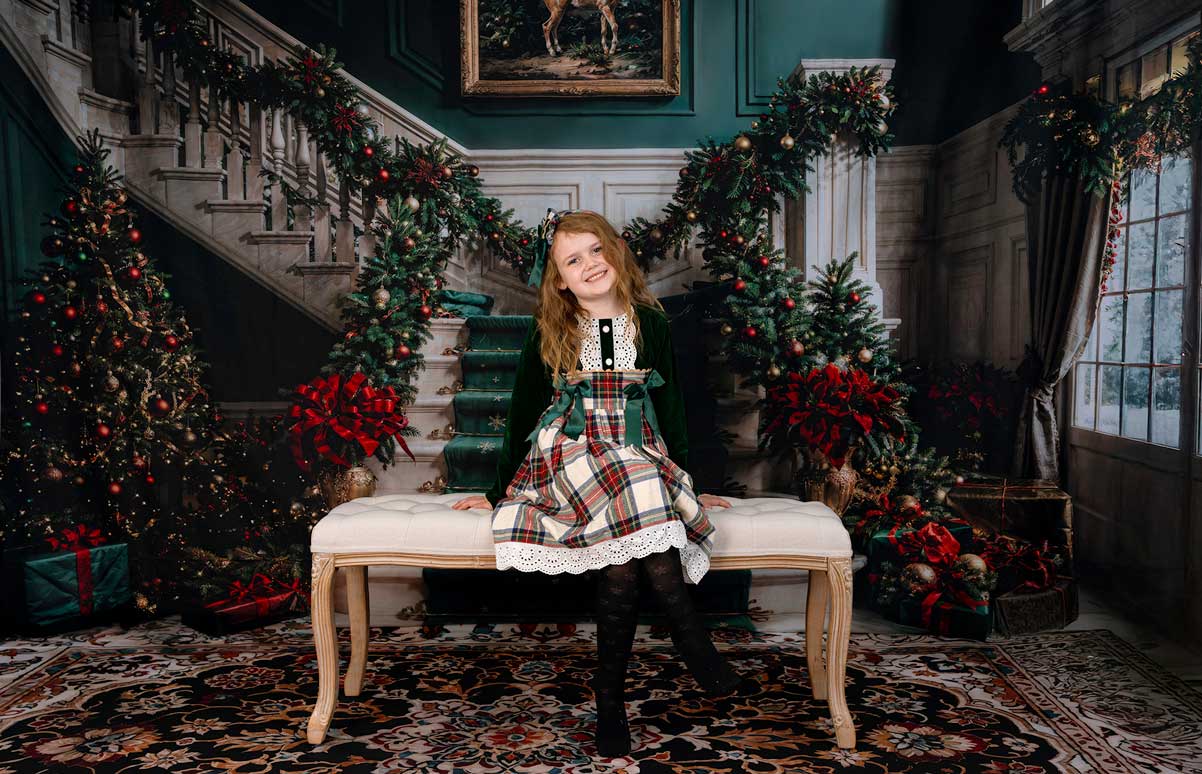 Kate Christmas Retro White Green Marble Staircase Backdrop+Vintage Fine Art Colorful Floral Marble Floor Backdrop