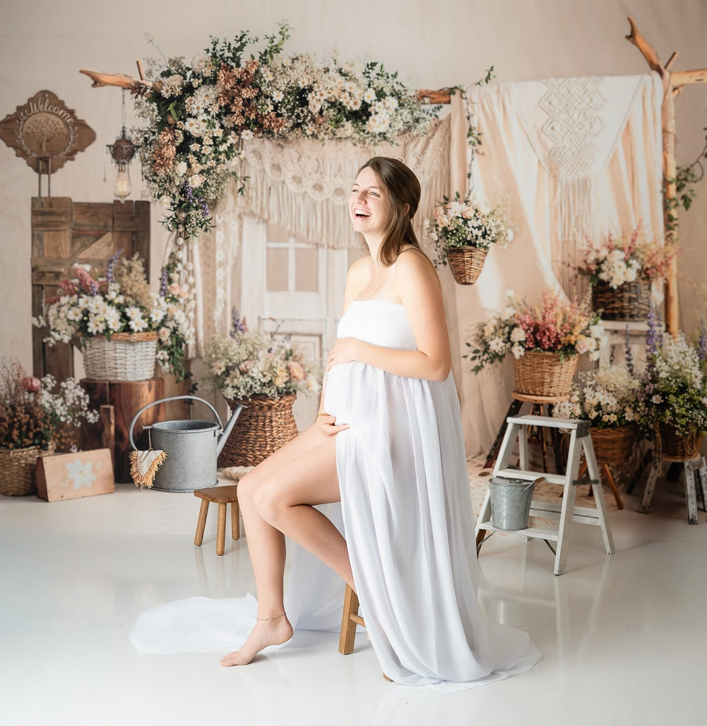 Kate Boho Flower Arch Macrame Wicker Baskets Neutral Printed Backdrop Designed by Emetselch