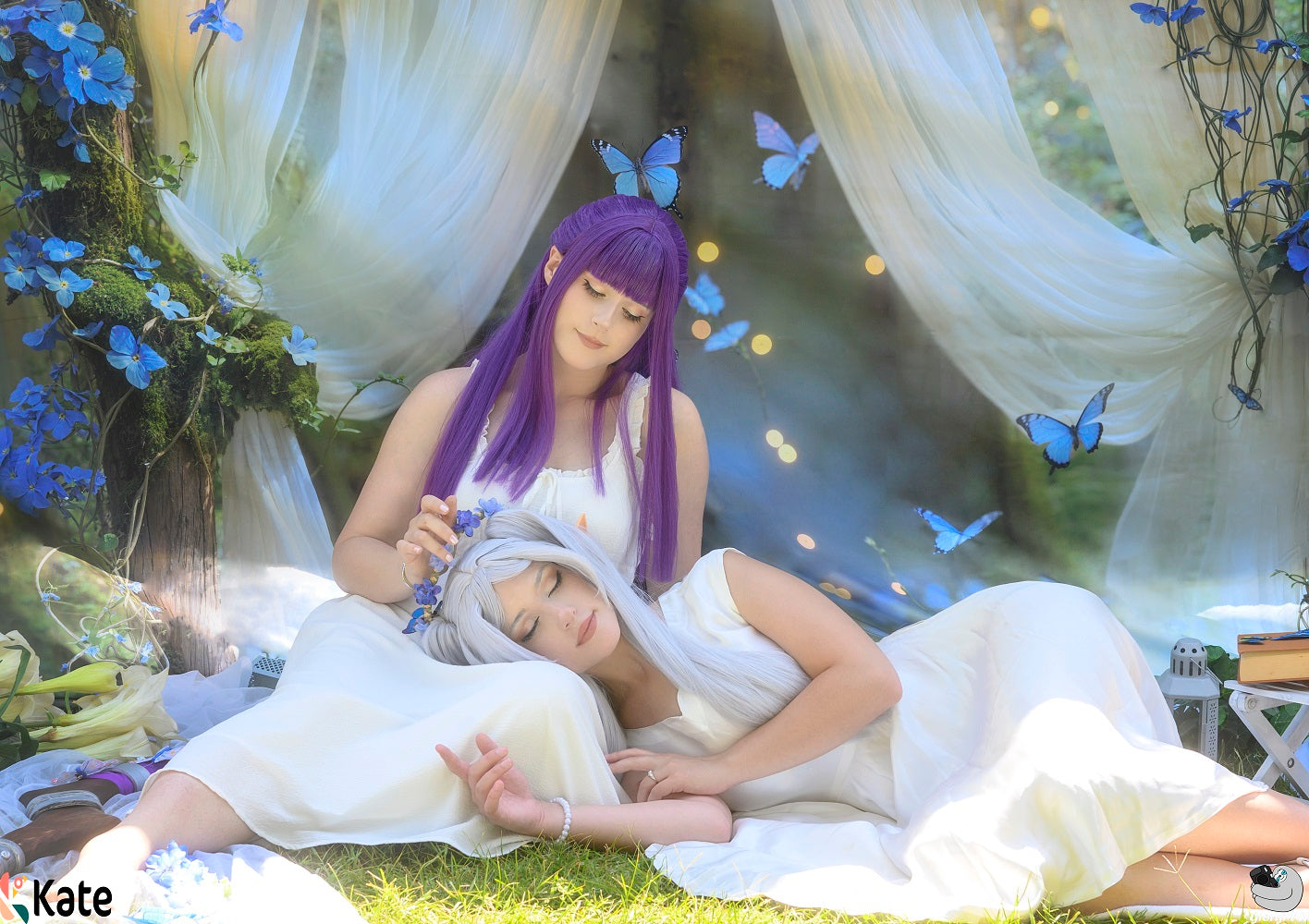 Fondo de Arco Floral Azul del Bosque de Hadas Mariposas Diseñado por Emetselch