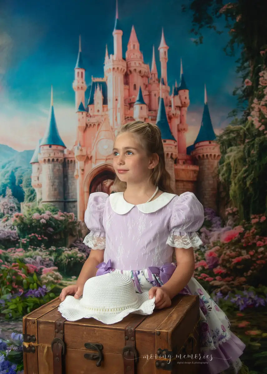 Kate Spring Fantasy Forest Flower Castle Backdrop+ Valentine's Day Pink Rose Stone Floor Backdrop