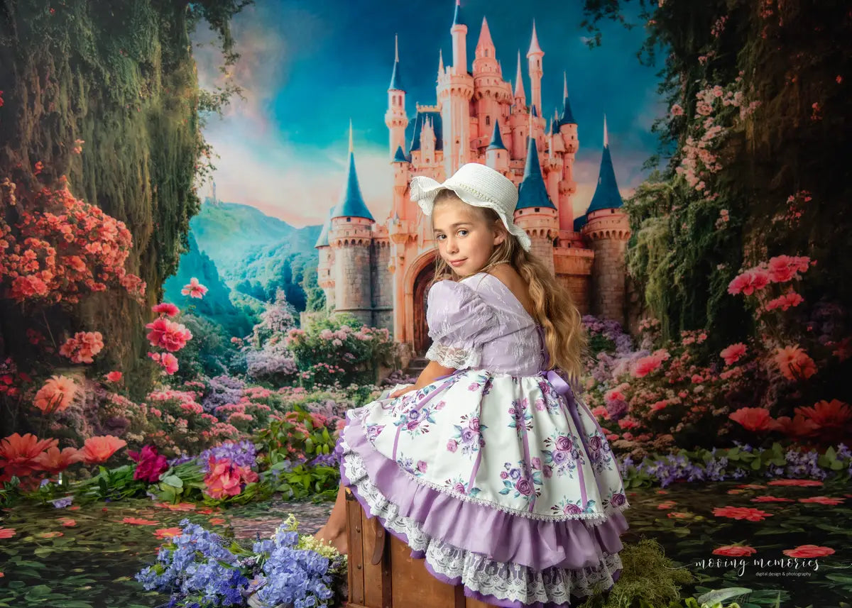 Kate Spring Fantasy Forest Flower Castle Backdrop+ Valentine's Day Pink Rose Stone Floor Backdrop