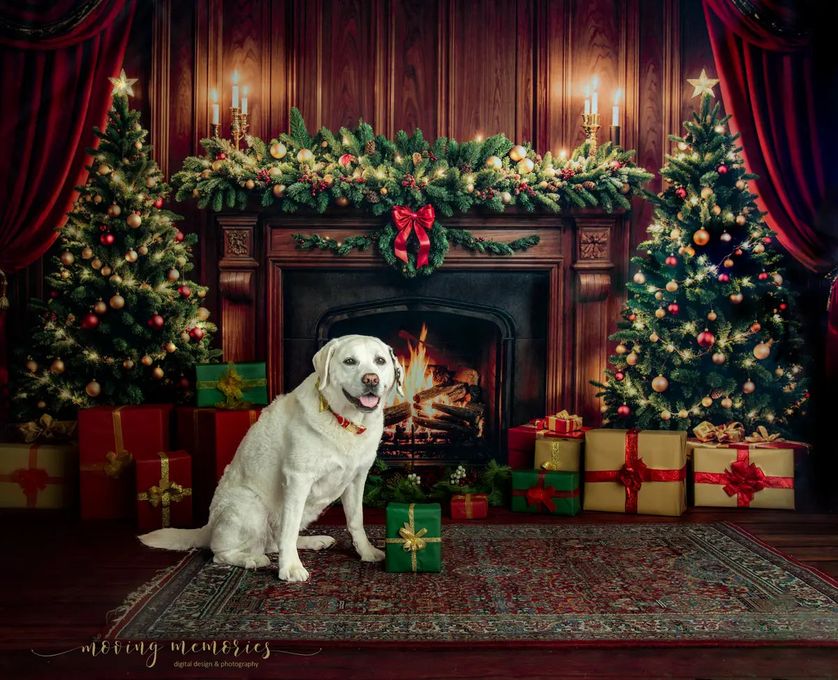 Kate Christmas Fireplace Tree Brown Retro Wall Backdrop+Brown Wood Texture Floor Backdrop