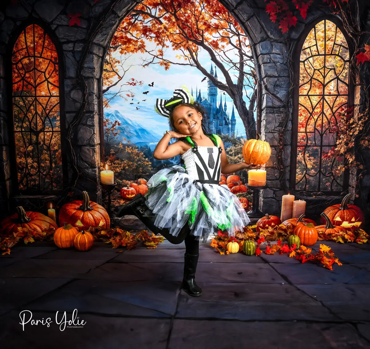 Kate Halloween Arch Maple Castle Pumpkin Backdrop+Stone Pavement Floor Backdrop