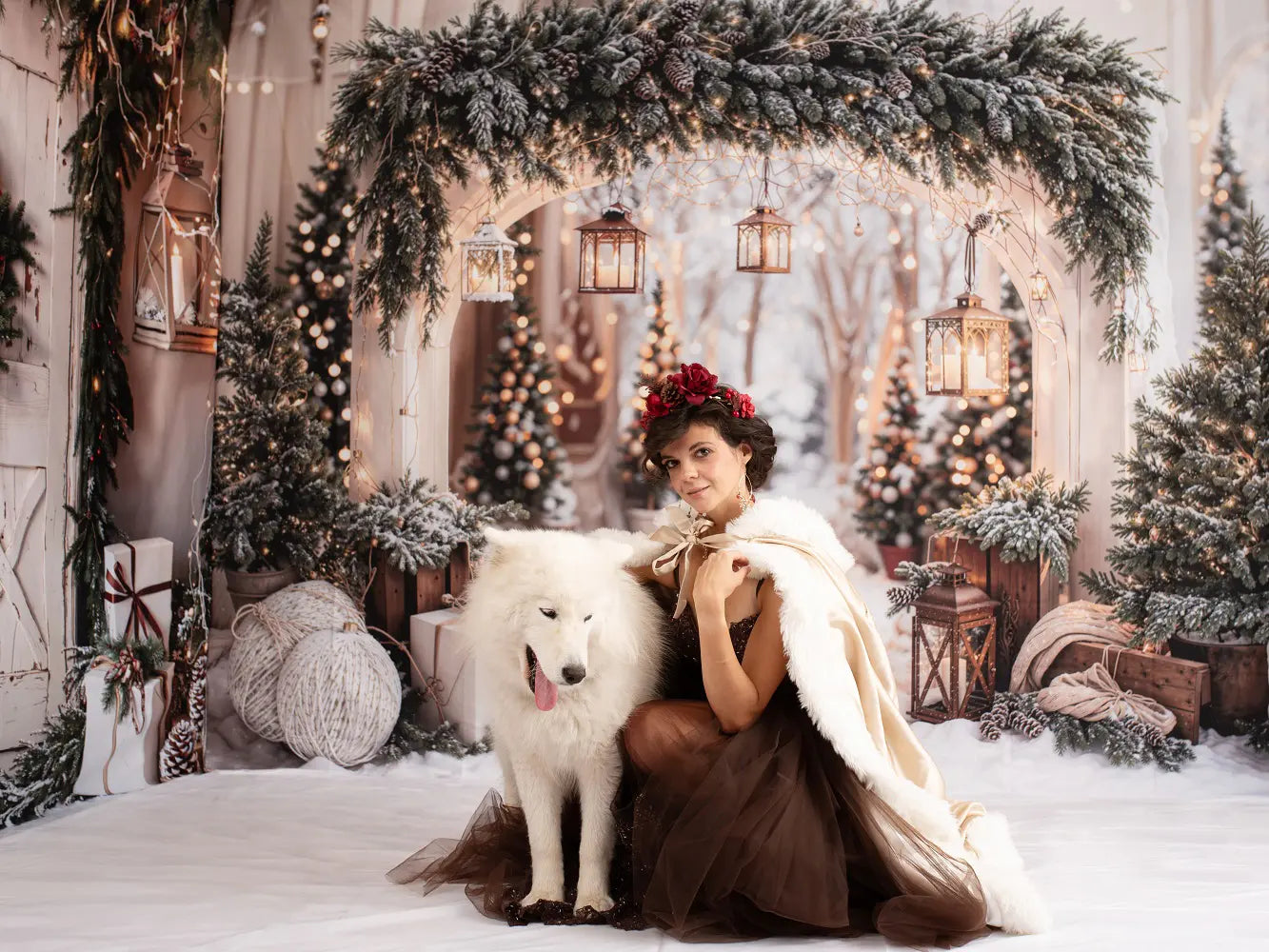 Kate Christmas Arch Garland Snow Trees Backdrop Designed by Emetselch