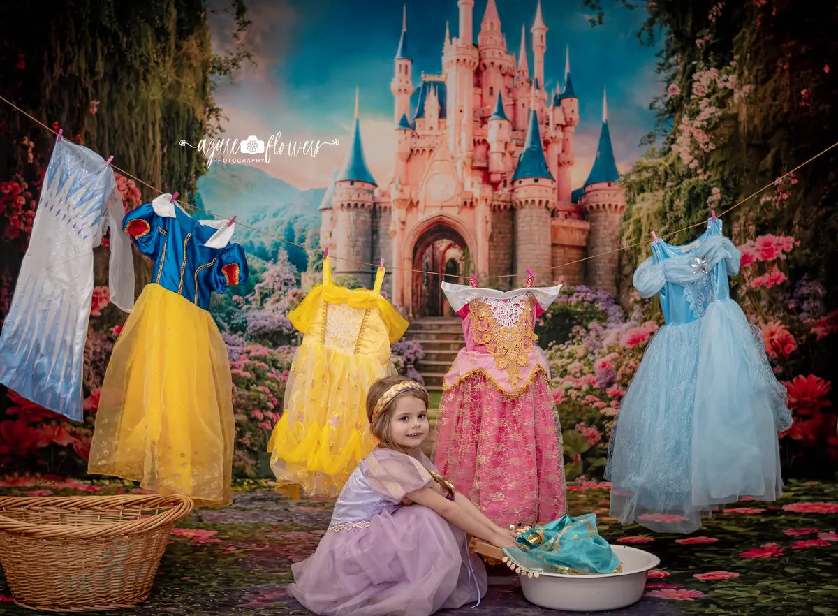 Kate Spring Fantasy Forest Flower Castle Backdrop+ Valentine's Day Pink Rose Stone Floor Backdrop