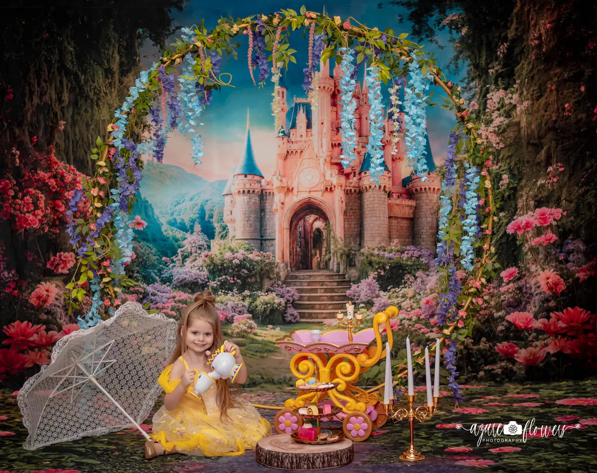 Kate Spring Fantasy Forest Flower Castle Backdrop+ Valentine's Day Pink Rose Stone Floor Backdrop