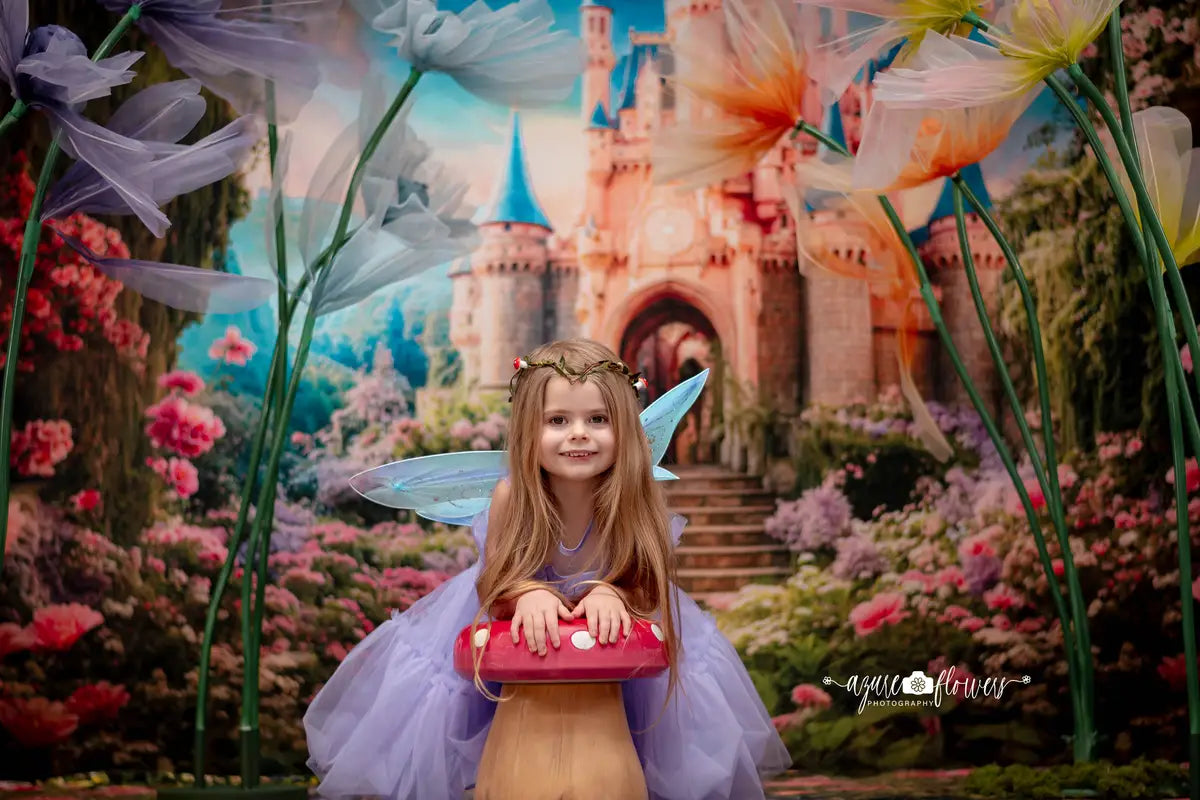 Kate Spring Fantasy Forest Flower Castle Backdrop+ Valentine's Day Pink Rose Stone Floor Backdrop