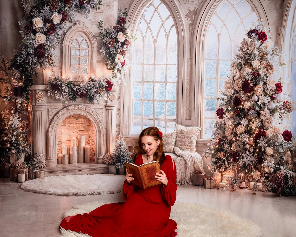 Kate Christmas Tree Roses Fireplace Arched Window Backdrop Designed by Emetselch