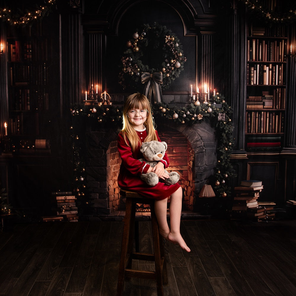 Kate Christmas Fireplace Bookshelves Garland Dark Backdrop Designed by Emetselch