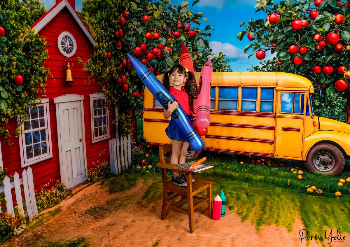 Juego de habitación de jardín de autobús escolar rojo manzana escuela de graduación